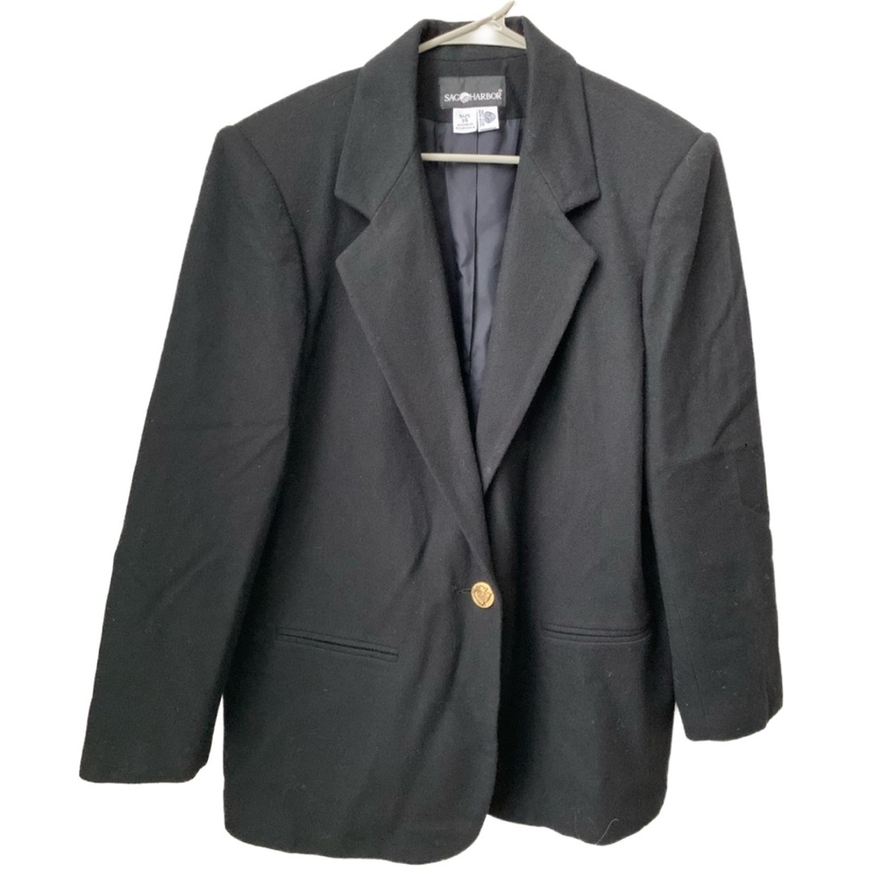 SAG HARBOR Women’s Black Wool Single Button Blazer Size: 14
